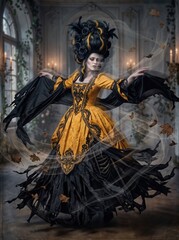 Obraz premium Dramatic woman in yellow and black gothic baroque gown with dramatic feathered updo dancing amid swirling dark fabric and falling leaves at moody atmospheric ruined stone arch backdrop