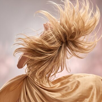 Joyful young woman in golden baroque satin dress with long flowing blonde hair tossed dramatically mid-air, smiling against soft studio background, perfect for hair care beauty advertising