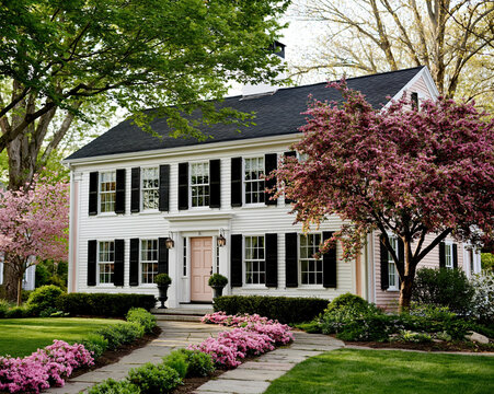 Elegant Pink Colonial Style House with Spring Garden AI Generative