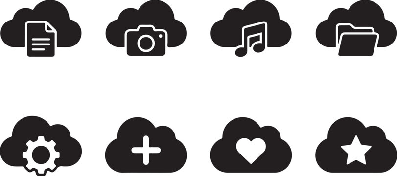 Cloud computing and internet service icons including camera music file folder gear heart and star.