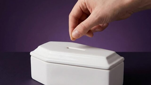 a hand drops a coin into a coffin-shaped piggy bank