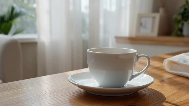 White ceramic coffee cup on saucer placed on wooden table in a bright, cozy room with natural light.