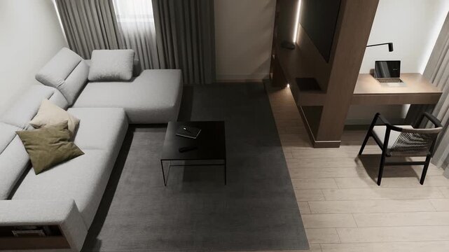 Modern Minimalist Living Room Interior Design with Sofa and Working Desk