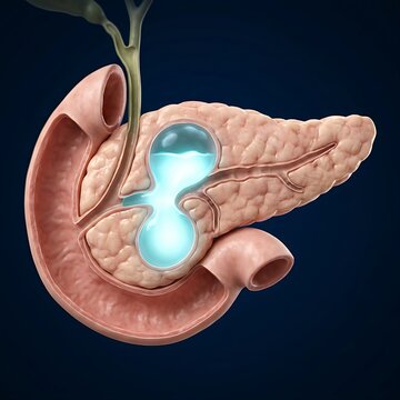 Wirsungocele (Ductal Dilatation), a focal cystic dilation within the ventral pancreatic duct, glowing internal fluid effect, dark navy background, 