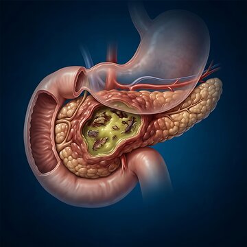 Pancreatic Abscess, a collection of pus and necrotic debris within the pancreas, high-detail clinical visual, dramatic shadows, deep blue medical atmosphere, 