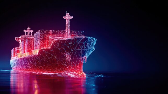A luminous digital wireframe of a cargo ship glows with vibrant neon red and blue light. ..Created with Generative AI, not depicting real subjects.