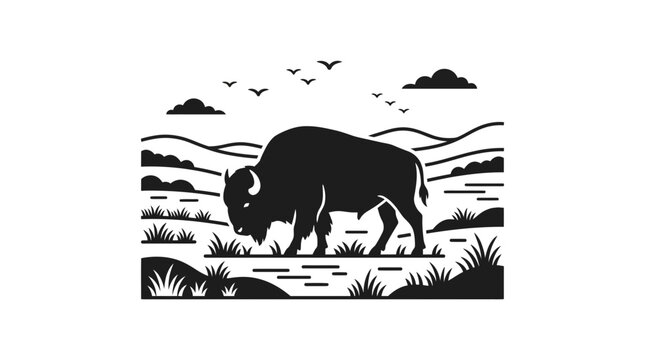 Silhouette of a bison grazing in a stylized landscape with hills, clouds and birds.
