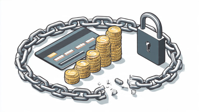 secure financial transaction with credit card coins chain lock and broken shield for data protection