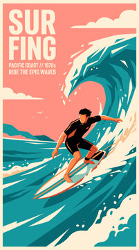 A surfer rides a large wave on a sunny day near the beach in a poster