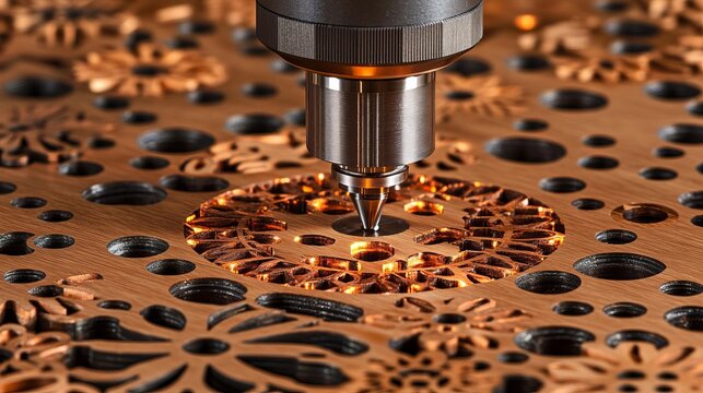 Advanced CNC Router in Action Crafting Detailed Ornamental Woodwork in a Modern Industrial Workshop