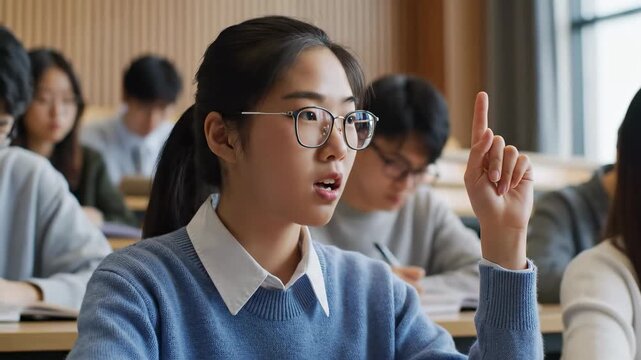 Student raises hand in classroom setting showing eagerness to respond to a question. Bright room with wooden panels and desks with students focused on learning