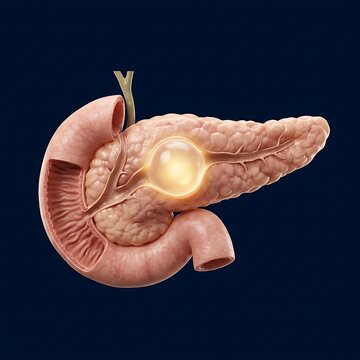 Wirsungocele (Ductal Dilatation), a focal cystic dilation within the ventral pancreatic duct, glowing internal fluid effect, dark navy background, 