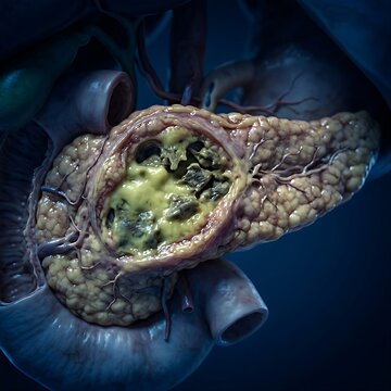 Pancreatic Abscess, a collection of pus and necrotic debris within the pancreas, high-detail clinical visual, dramatic shadows, deep blue medical atmosphere, 