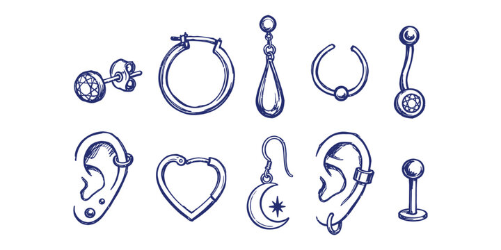 earring collection and body piercing jewelry fashion accessory variety doodle icon set vector illustration