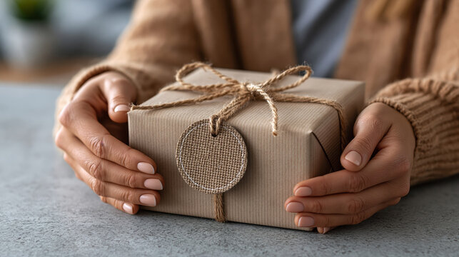 Hands holding rustic wrapped present on concrete surface closeup