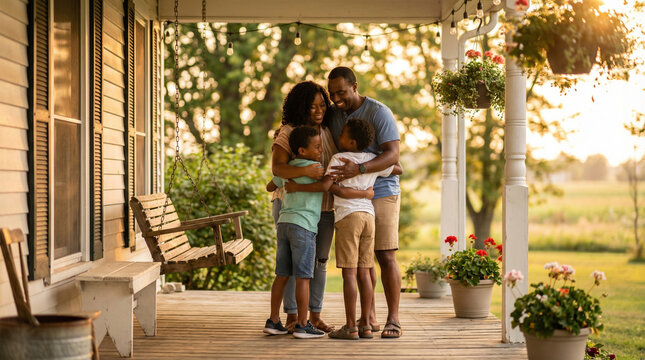Family of Four Hugging Affectionately on House Porch at Sunset