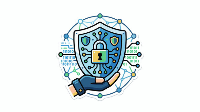 Digital shield with lock symbol on a hand binary code and network