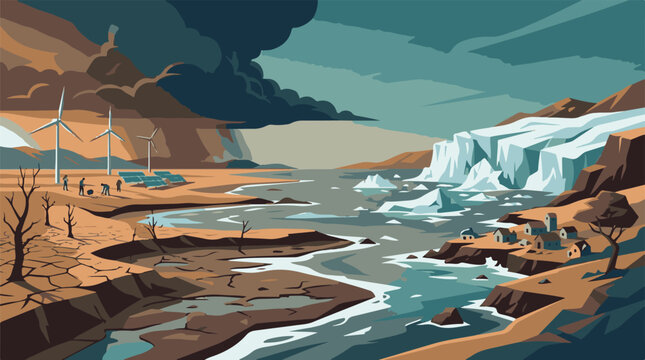 Contrasting landscapes depict climate change impacts with renewable energy sources