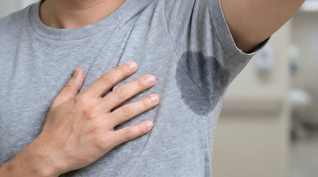 Close up of a man wearing a gray t-shirt with a visible dark sweat patch under his armpit showing signs of hyperhidrosis and intense body heat