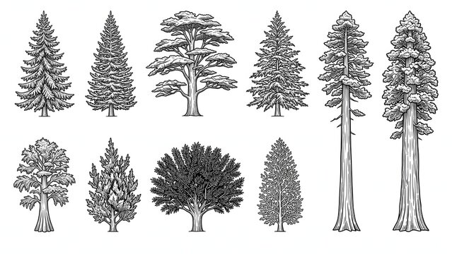 Pine Fir and Sequoia Trees Set of Twelve Hand Drawn Vector Illustrations