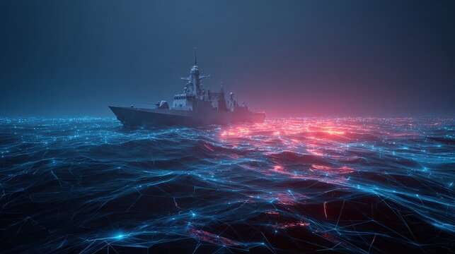 A formidable warship navigates through turbulent, glowing seas under a dark, ominous sky. ..Created with Generative AI, not depicting real subjects.
