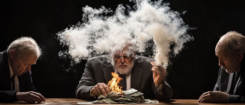 Money burning away;  elderly men watch in despair.  Money ablaze, smoke billows,  men in suits sit at a table
