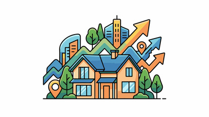 Obraz premium Stylized illustration of a house with upward trending arrows and city buildings