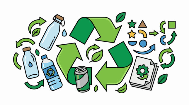 Illustration of various recyclable items and process symbols for environmental awareness