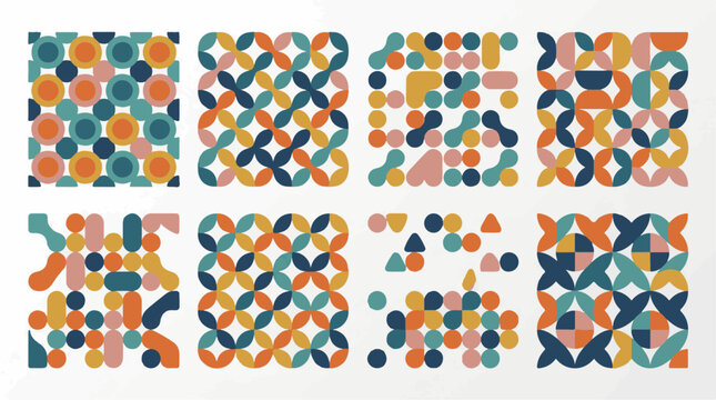 Geometric patterns featuring circles rounded rectangles and triangles in warm tones