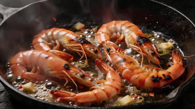 Close-up of sizzling grilled shrimp with steam, glossy texture, and rich lighting. Gourmet seafood cooking scene for restaurant ads, luxury dining, healthy nutrition, and culinary themes.