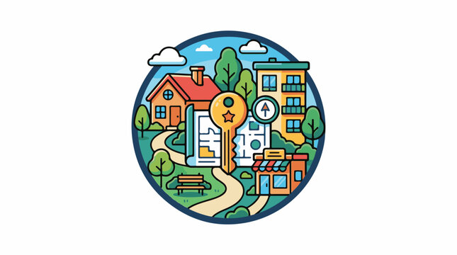 A stylized illustration of a neighborhood with houses shops and a large key