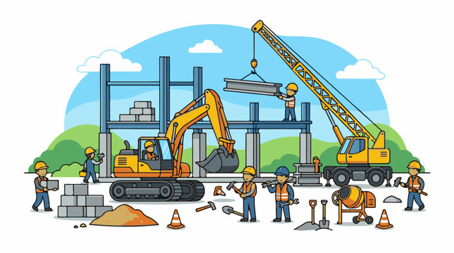 Construction workers erect a building frame with machinery and materials