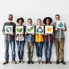 Fototapeta premium Group of Six Happy Multiethnic Adult Friends Standing in a Row and Holding Large White Square Signs with Green and Yellow Ecological Icons Symbolizing Recycling Conservation Earth Care and Sustainable
