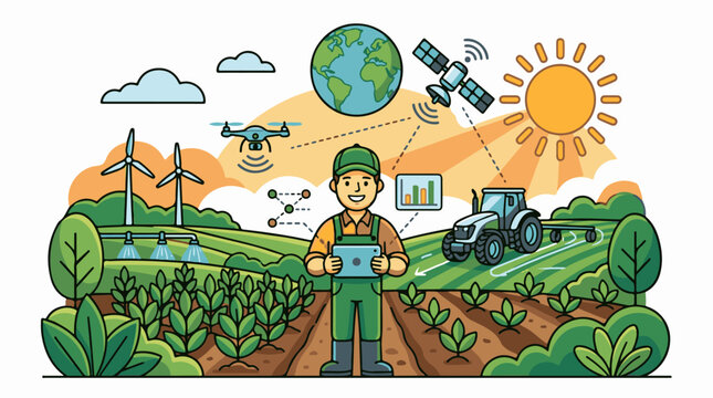 Farmer using technology for modern agriculture with drone tractor satellite