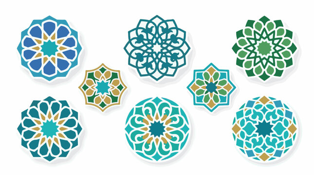 Geometric circular patterns in blue green gold on white