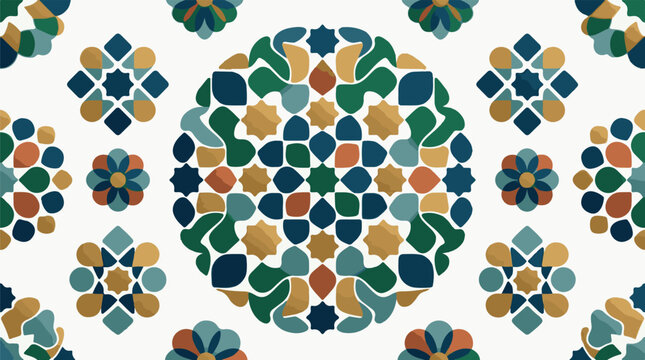 Geometric mosaic pattern with floral elements in teal gold and rust