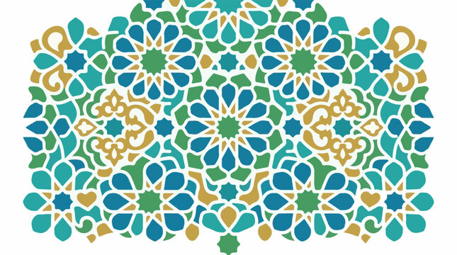 Intricate geometric mosaic pattern with teal blue and gold hues