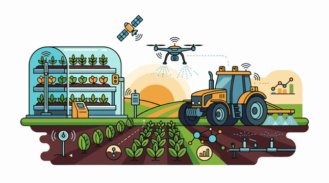 Modern farm with drone tractor satellite and greenhouse technology