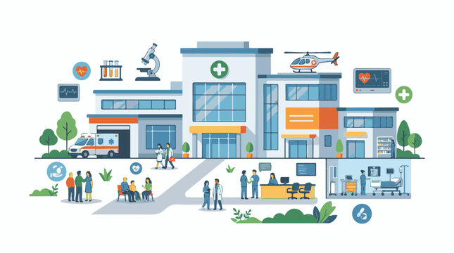 Modern hospital complex with medical services staff patients and transport
