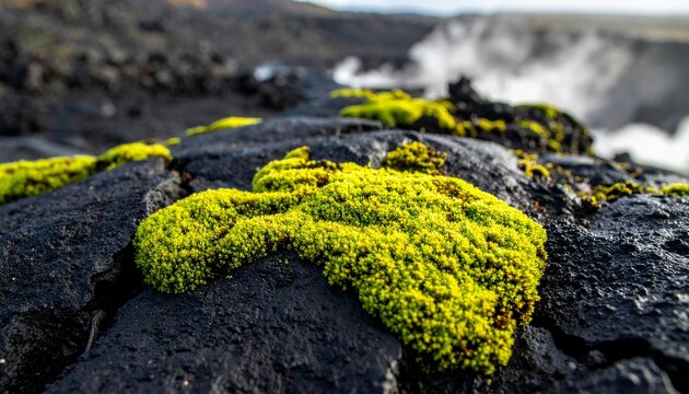 Close up of vibrant green moss growing on dark rocks.