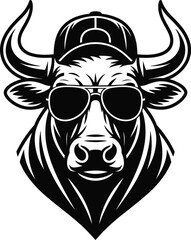 Fototapeta premium Cool bull wearing sunglasses and baseball cap illustration