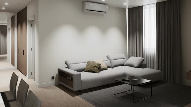 Modern Minimalist Living Room Interior Design with Grey Sofa and AC Unit