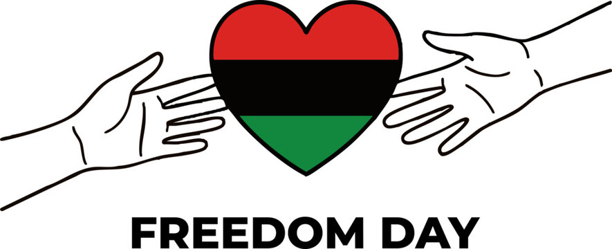 Pan African flag heart graphic with hands celebrating freedom day