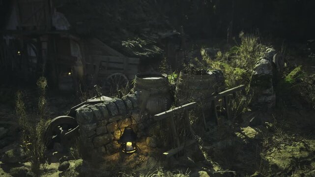 Sunlit wagon remains halfburied in thick undergrowth, warm rays pick out moss and splintered edges, rustic houses in background add rural Romanian charm