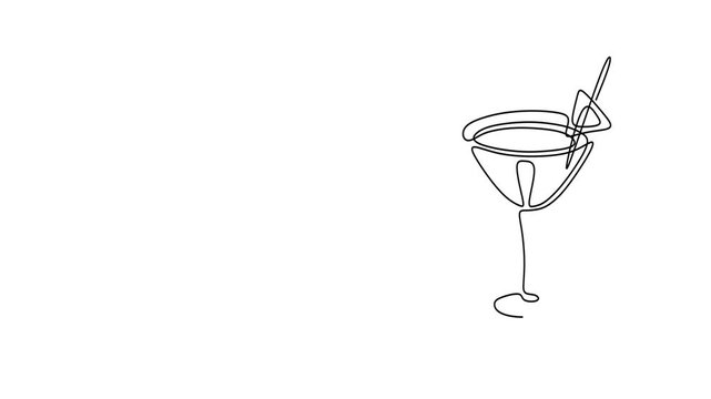 Animated self drawing of continuous line draw. Cocktail Line Art Cosmopolitan, Margarita, French Martini. Full length one line animation. 4K	