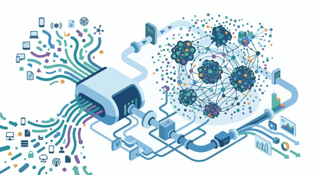Data flow through a stylized network processing system with digital icons