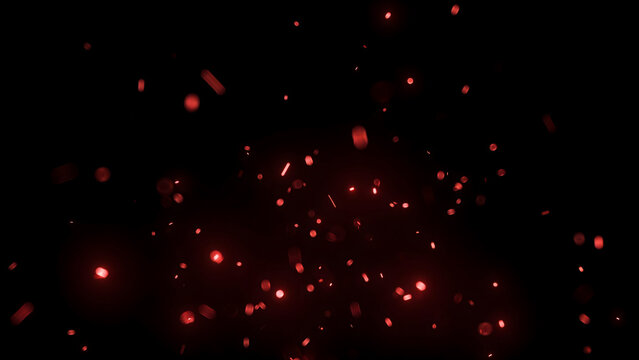 Abstract red glowing particles floating in deep black empty space