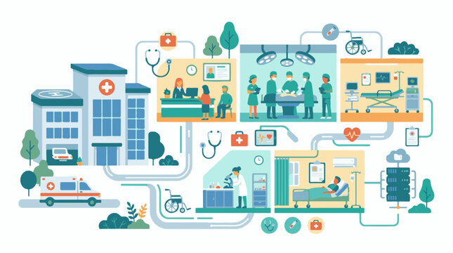 Medical illustration depicting hospital services surgery patient care and lab