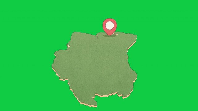 Animated Suriname Map with Bouncing Location Marker on Paramaribo City, Transparent Background, Alpha Channel, 4K resolution