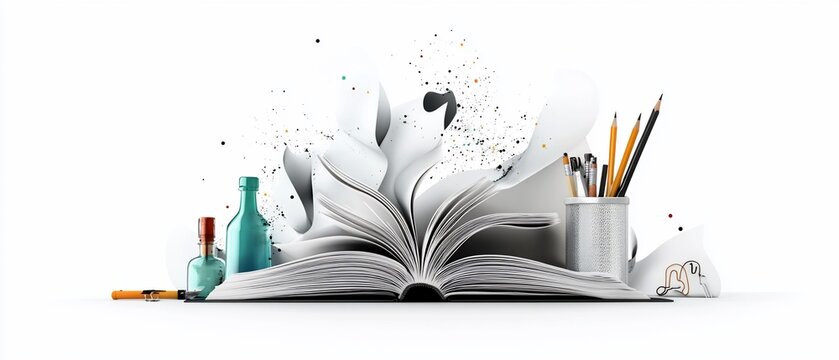 Open book with writing supplies exploding outwards